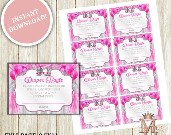 Peut inclure: Cartes de tirage au sort pour couches avec un design rose et argenté, une couronne et des ballons. Le texte sur les cartes indique "Tirage au sort pour couches" et "Apportez un paquet de couches ou de lingettes, de toute taille, pour avoir une chance de gagner un prix spécial !"