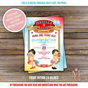 Carnival Birthday Invitation! Circus Birthday Invitation! Twins Birthday Invitation! Twins Circus!