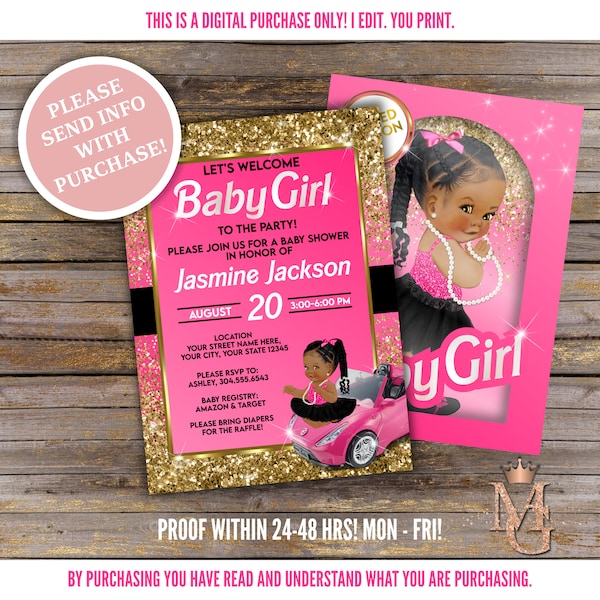 Baby Girl Baby Shower Invitation! Doll Baby Shower! Girl Baby Shower! Pink, Gold and Black.