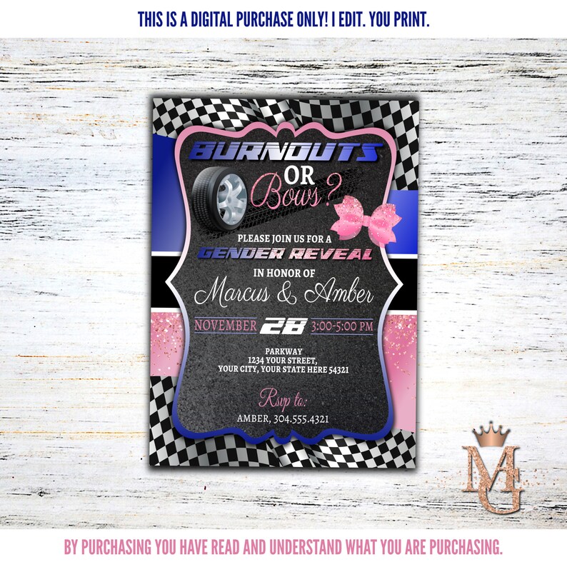 Burnouts or Bows Gender Reveal Invitation Royal Blue and Etsy