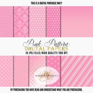 Pink Patterned Digital Papers, Set of 10, 12x12, JPG images, Commercial Use!