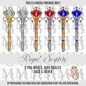 ¡Conjunto de imágenes prediseñadas de cetro real, 6 imágenes PNG, oro y plata! ¡Rey Cetros!