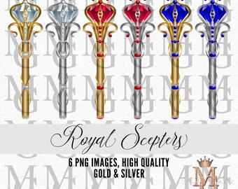 Royal Scepter Clipart Set, 6 PNG Images, Gold and Silver! King Scepters!