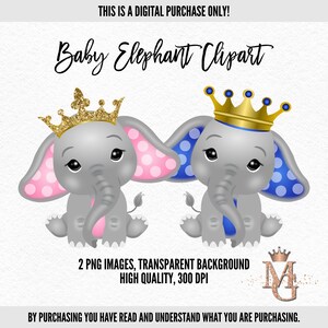 ¡Conjunto de imágenes prediseñadas de elefante bebé, príncipe y princesa, 2 imágenes PNG, rosa y azul real! Imágenes Prediseñadas De Ducha De Bebé