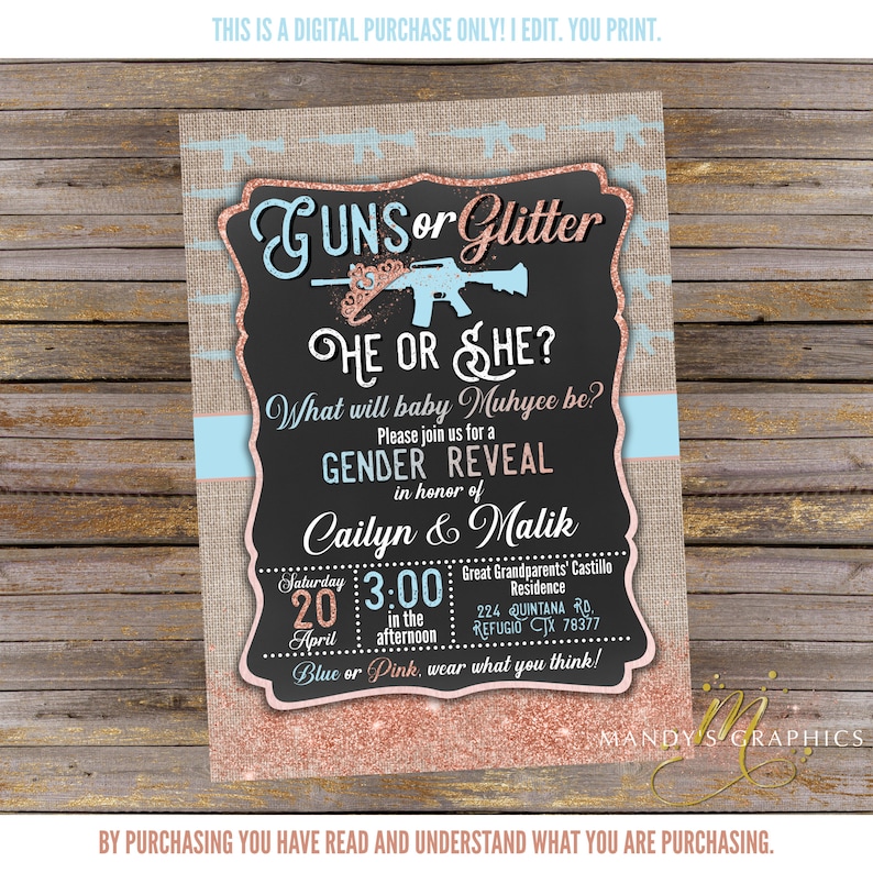 Guns or Glitter Gender Reveal Invitation Set Baby Blue and Etsy