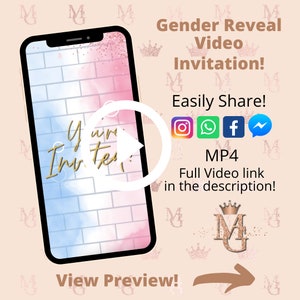 Puede incluir: Una pantalla de teléfono rosa y azul con un botón de reproducción y el texto "You're Invited!"  La pantalla del teléfono está rodeada de un fondo rosa con coronas doradas y el texto "Gender Reveal Video Invitation!"  El texto "Easily Share!" está debajo de la pantalla del teléfono con iconos para Instagram, WhatsApp, Facebook y Messenger.  El texto "MP4 Full Video link in the description!" está debajo de los iconos.  El texto "View Preview!" está debajo de la pantalla del teléfono con una flecha apuntando hacia la derecha.