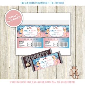 Reels oder Heels Geschlecht offenbaren Candy Bar Wrapper Template! Fisch Gender Reveal! Sofort Download! Blau und Pink!