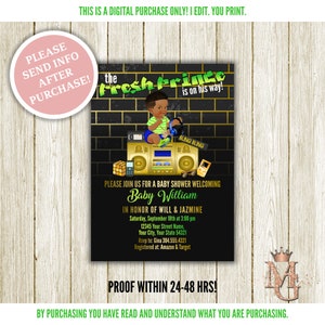 Fresh Prince Baby Shower Invitation! Hip Hop Baby Shower! 90&#39;s Baby Shower! Green, Blue and Gold.