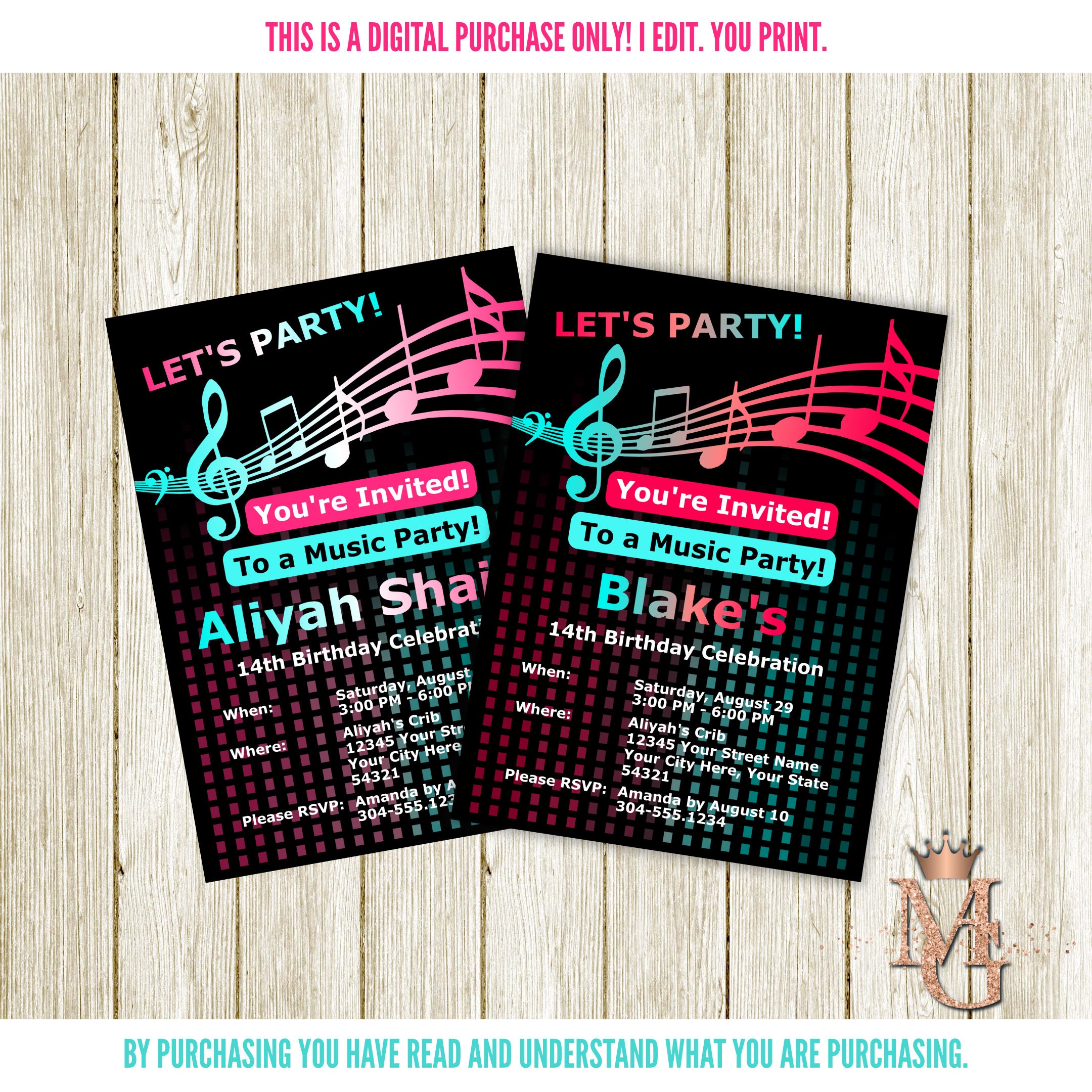 Music Birthday Invitation: Teen Party, Colorful Design (Digital)