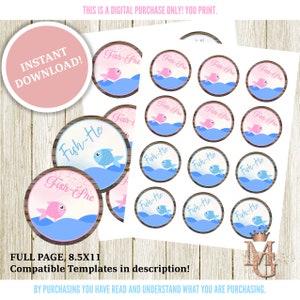 Fish Gender Reveal Cupcake Toppers! Fish Stickers! Fish Circles! Pink and Blue! Instant Download!