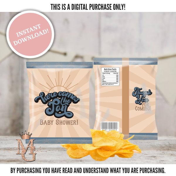 Here Comes the Son Chip Bag Template! Instant Download! Retro Baby Shower! Sunshine Baby Shower!