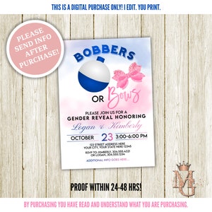 Bobbers or Bows Gender Reveal Invitation! Royal Blue and Pink!