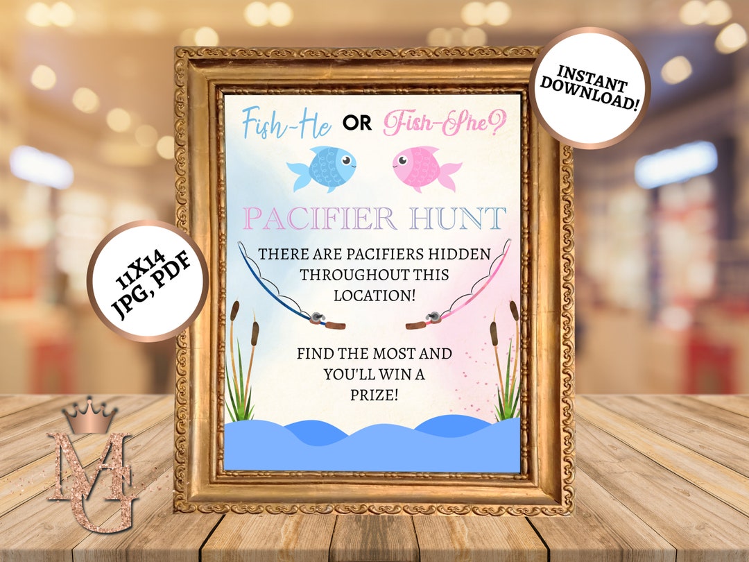 Fish Gender Reveal Game Pacifier Hunt Game Gender Reveal Game Blue and Pink  11x14 