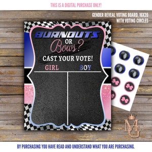 K&ouml;nnte beinhalten: Eine Gender-Reveal-Voting-Tafel mit dem Text "Burnouts or Bows?" und "Cast Your Vote!" Die Tafel ist schwarz mit rosa und blauen Akzenten und enth&auml;lt Abstimmungskreise mit Reifen- und Schleifen-Grafiken.