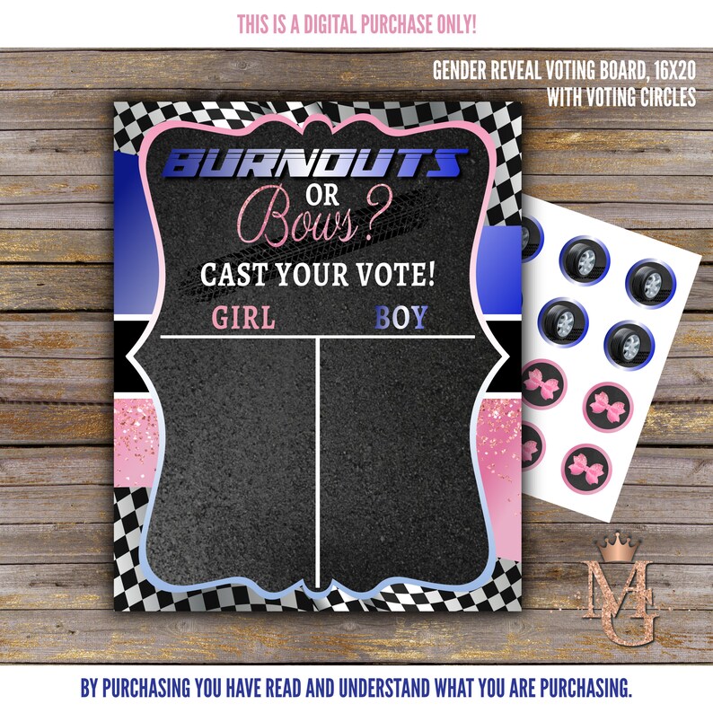 K&ouml;nnte beinhalten: Eine Gender-Reveal-Voting-Tafel mit dem Text "Burnouts or Bows?" und "Cast Your Vote!" Die Tafel ist schwarz mit rosa und blauen Akzenten und enth&auml;lt Abstimmungskreise mit Reifen- und Schleifen-Grafiken.