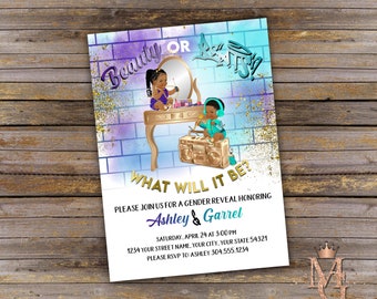 Beauty or Beats Gender Reveal Invitation: Purple, Teal, Gold (Digital)