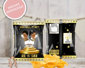 May include: Black and gold gender reveal party favor bags with a boxing theme. The bags feature a cartoon image of a boy and girl boxer with the text "Who will it be?" and "He vs She". The back of the bag says "Thank you for coming!" and has a nutrition facts label.