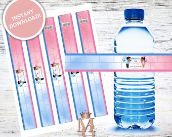 Puede incluir: Plantilla de etiqueta para botella de agua con un fondo degradado rosa y azul. La etiqueta presenta una ilustración de dibujos animados de un bebé niño y una bebé niña con el texto "Fades or Braids? What will baby be?"
