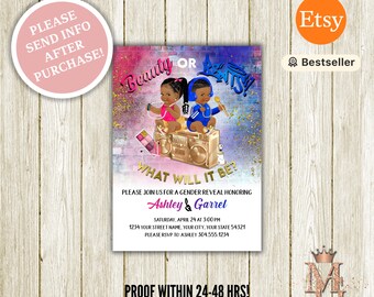 Beauty or Beats Gender Reveal! Hip Hop Gender Reveal Invitation! Pink, Royal Blue and Gold!