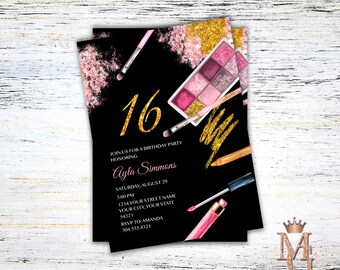 Makeup Birthday Invitation: Pink & Black Teen Party (Digital)