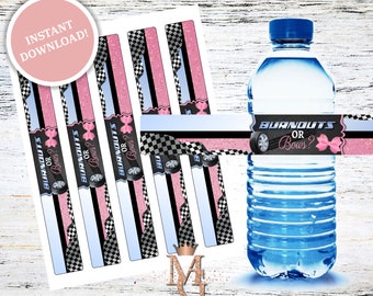 Puede incluir: Etiquetas para botellas de agua con un patrón de cuadros rosa y negro y el texto "BURNOUTS OR Bows?" impreso en ellas. Las etiquetas están diseñadas para una fiesta de revelación de género.