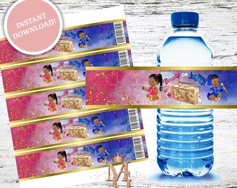 Beauty or Beats Water Bottle Label! Hip Hop Gender Reveal! Hot Pink, Royal Blue and Gold!