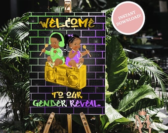 May include: A welcome sign for a gender reveal party. The sign features the words "WELCOME" and "TO OUR GENDER REVEAL" in a graffiti style. Two cartoon babies sit on a gold boombox. The sign is 45.72 x 60.96 cm.