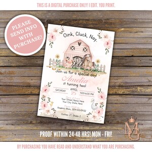 ¡Invitación de cumpleaños de animales de granja, invitación de campo! ¡Cumpleaños de niña! ¡Invitación de cumpleaños del granero! ¡Granero rosa!