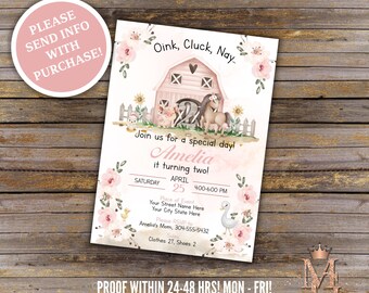Farm Animal Birthday Invitation: Pink Barn, Girl's Party (Digital)