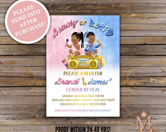 Hip Hop Gender Reveal Invitation: Beauty or Beats, Pink, Blue, Gold (Digital)
