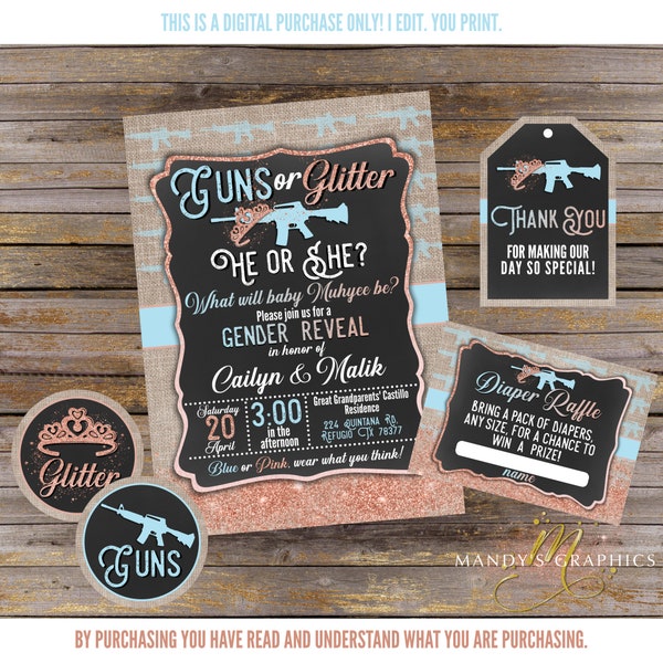 Guns or Glitter Gender Reveal Invitation Set! Baby Blue and Rose Gold with Army Style Gun