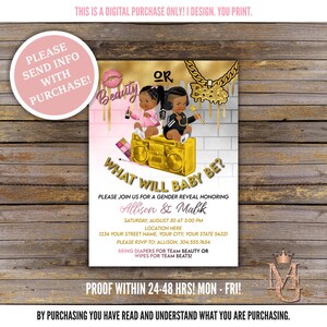 Beauty or Beats Gender Reveal! Hip Hop Gender Reveal Invitation! Pink, Black and Gold!