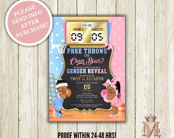 May include: A gender reveal party invitation with a basketball theme. The invitation features a basketball hoop with a scoreboard that reads "09 05". The text "Free Throws or Cheer Bows?" is written in a chalkboard style font. The invitation is decorated with blue and pink polka dots.