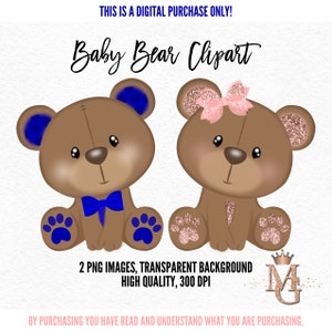 Baby Bear Clipart Set, 2 PNG Images, Rose Gold and Royal Blue! Baby Shower Clipart! Glitter Clipart!