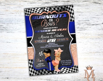 Burnouts or Bows Gender Reveal Invitation! Royal Blue and Rose Gold/Peach!