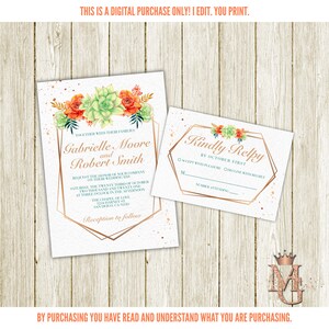 Invito a nozze succulento e set RSVP! Matrimonio floreale arancione!