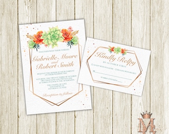 Succulent Wedding Invitation and RSVP set! Orange Floral Wedding!