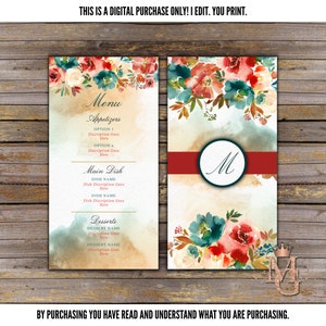Design del menu di nozze, rosso, verde acqua e arancione, fronte e retro! Matrimonio floreale!