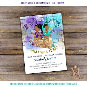 Beauty or Beats Gender Reveal Invitation! Hip Hop Gender Reveal! Purple, Teal and Gold! Digital.