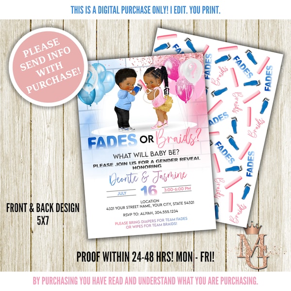 Fades or Braids Gender Reveal Invitation! Barber Gender Reveal! Hairstylist Invitation! Light Blue and Pink!