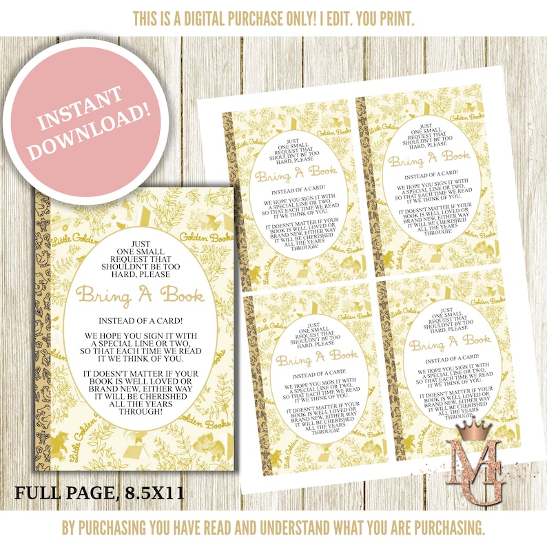 Op de afbeelding: Printbare pagina van 8,5 x 11 inch met zes kaarten van 2 x 3 inch die zeggen: "Gewoon een klein verzoek dat niet te moeilijk zou moeten zijn. Breng een boek in plaats van een kaart!" met een gouden en wit bloemenontwerp.