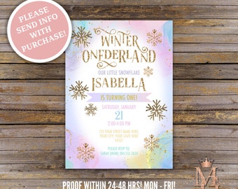 Winter ONEderland Birthday Invitation, First Birthday Invitation! Girl Birthday! Snowflake Birthday! Rainbow and Gold!