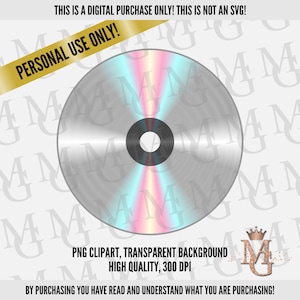 Peut inclure: Image numérique d'un clipart PNG de CD avec un effet holographique. Le disque a une surface argentée avec un reflet arc-en-ciel. Le texte comprend "PERSONAL USE ONLY!" et "PNG CLIPART, TRANSPARENT BACKGROUND HIGH QUALITY, 300 DPI".