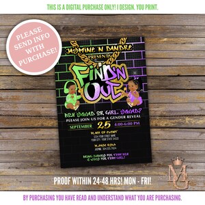 Find 'N Out Gender Reveal Invitation! Hip Hop Gender Reveal! Apple Green, Orchid/Purple and Gold!