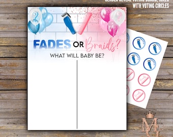 Puede incluir: Un tablero de votación para revelar el sexo con un fondo azul y rosa. El tablero tiene un título que dice "Fades or Braids? What will baby be?" y dos espacios en blanco para que los invitados voten. El tablero también incluye un conjunto de círculos de votación con imágenes de cortadoras y trenzas.