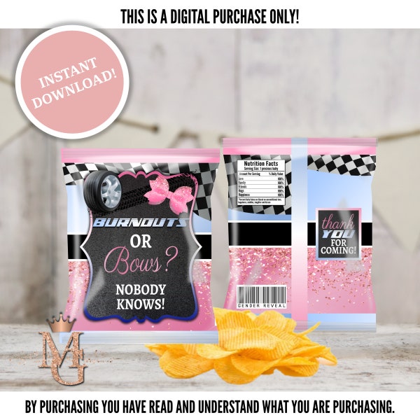 Burnouts or Bows Gender Reveal! Gender Reveal Chip Bag! Printable Chip Bag Template! Light Blue and Pink!