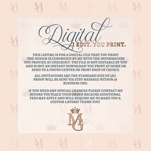 Op de afbeelding: Een roze en gouden digitaal printbaar ontwerp met de tekst "Digital I EDIT. YOU PRINT." en instructies voor het aanpassen en afdrukken van het ontwerp. Het ontwerp bevat een kroon en de letter "M" in een schrijfletter.