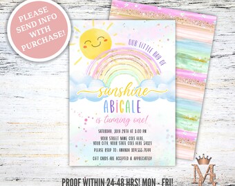 May include: A printable invitation for a first birthday party. The invitation features a rainbow, a sun, and the text "Our Little Ray of Sunshine Abicale is turning one!"  The invitation is decorated with colorful confetti and glitter.