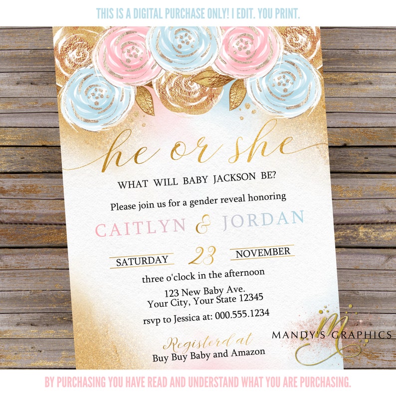 Floral Gender Reveal Invitation and Diaper Raffle Blue and Etsy
