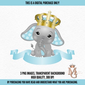 Baby Elephant Clipart, Elephant Prince, 3 PNG Images, Baby Blue! Baby Shower Clipart